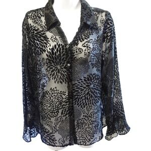 Vtg 90s Black Burnout Floral Velvet Sheer Top Fairy Whimsigoth Dark Romance Lg